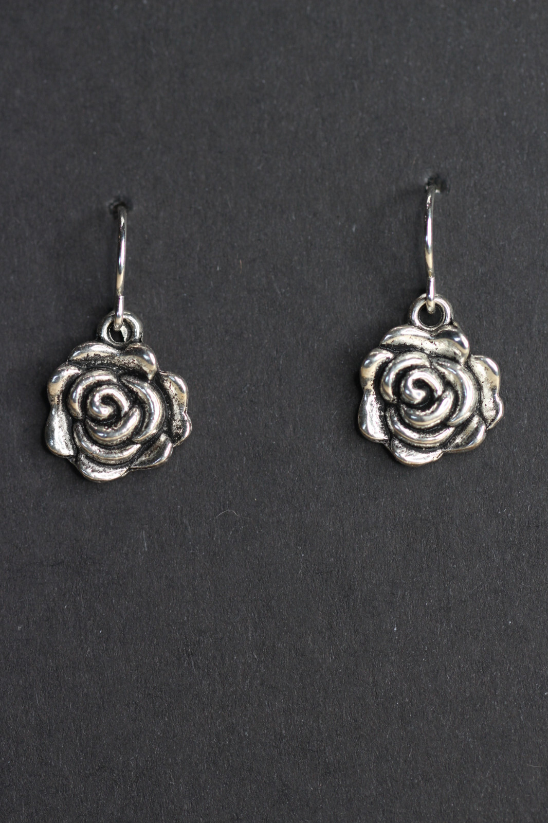 Rose bud Earrings Flower dangle .925 sterling silver hooks pewter charms Rosebud