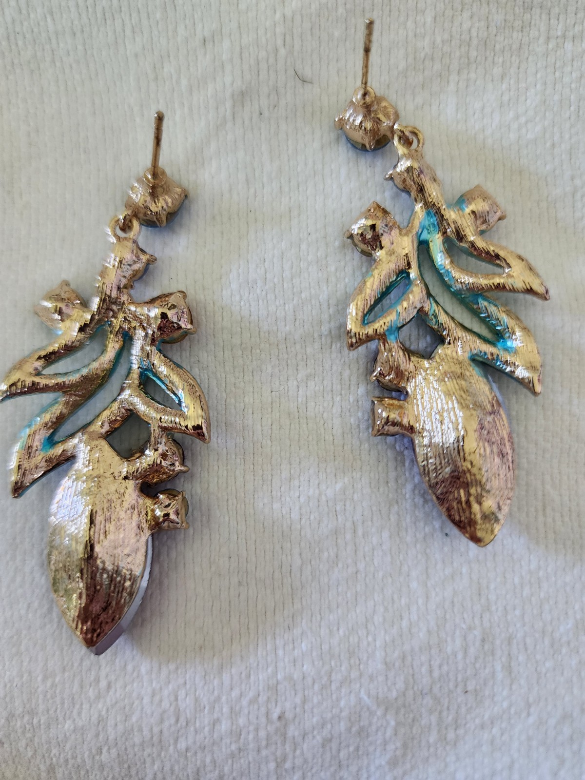 Multicolor Teal Leaf & Amethyst Crystal Drop Earrings 3″ Pierced Earrings
