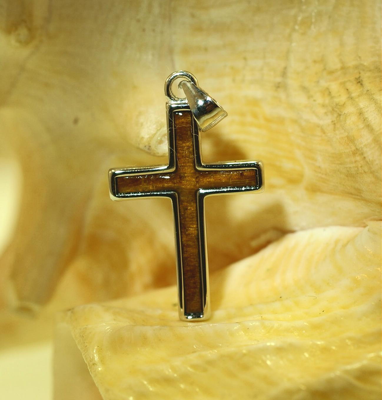 16MM 925 STERLING SILVER GENUINE INLAID HAWAIIAN KOA WOOD LATIN CROSS PENDANT