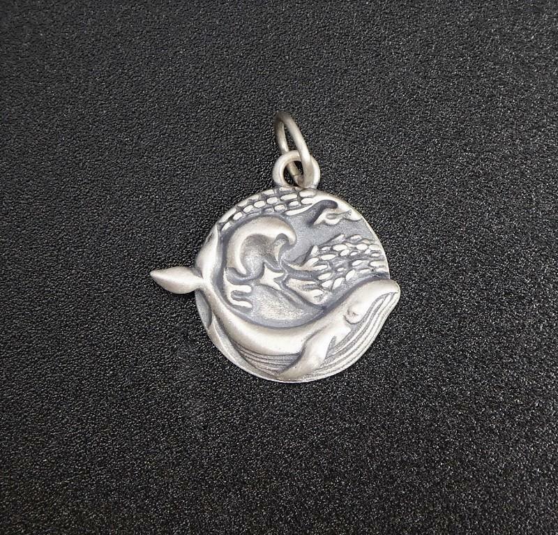 Handmade Sterling Silver Whale in Ocean Wave Small Round Charm Pendant Unique