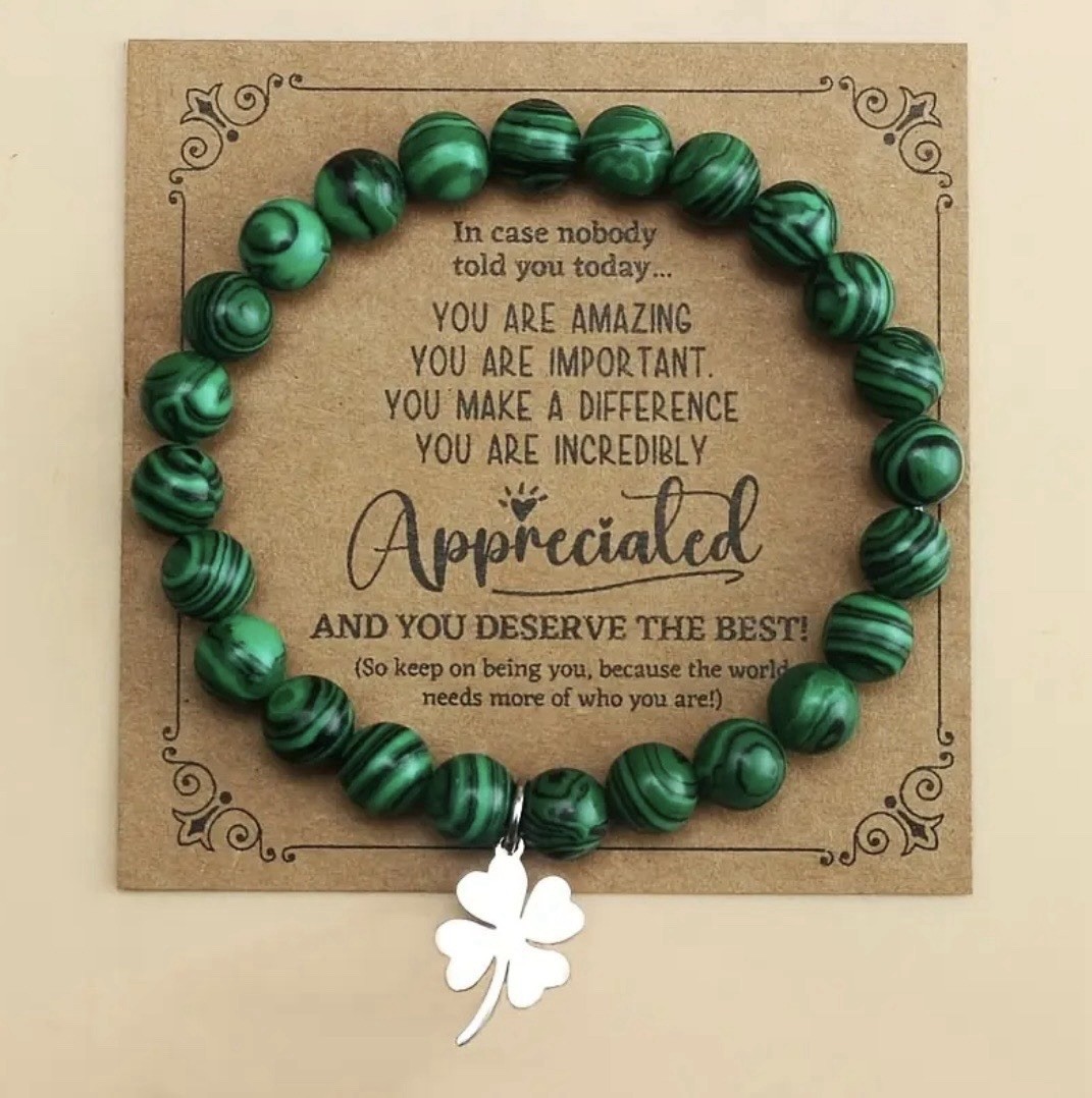 Green Peacock Stone Bead Bracelet with Lucky 4 Leaf Clover St Patrick’s