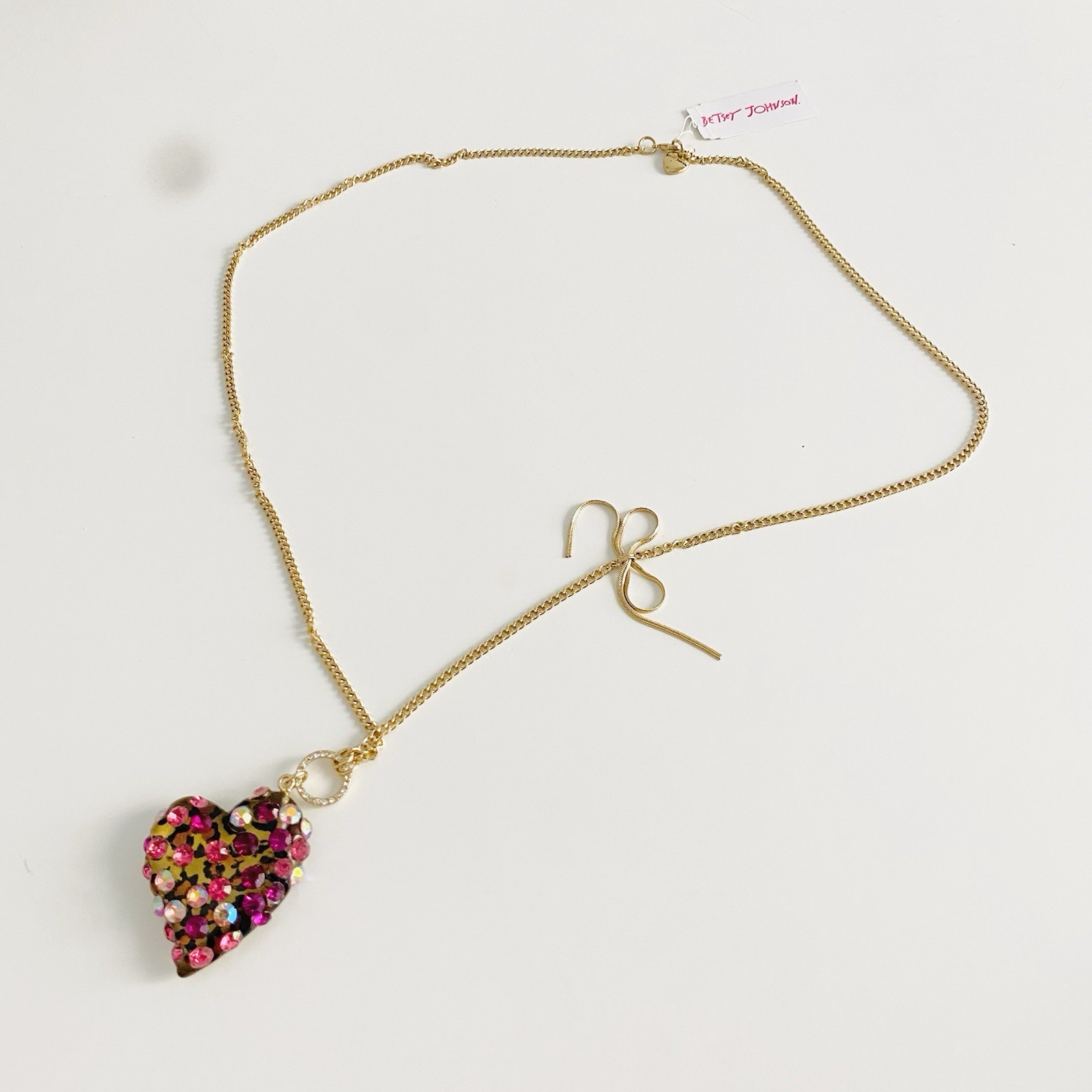 BETSEY JOHNSON Leopard Print Pink Rhinestone Heart Necklace Earring Jewelry Set
