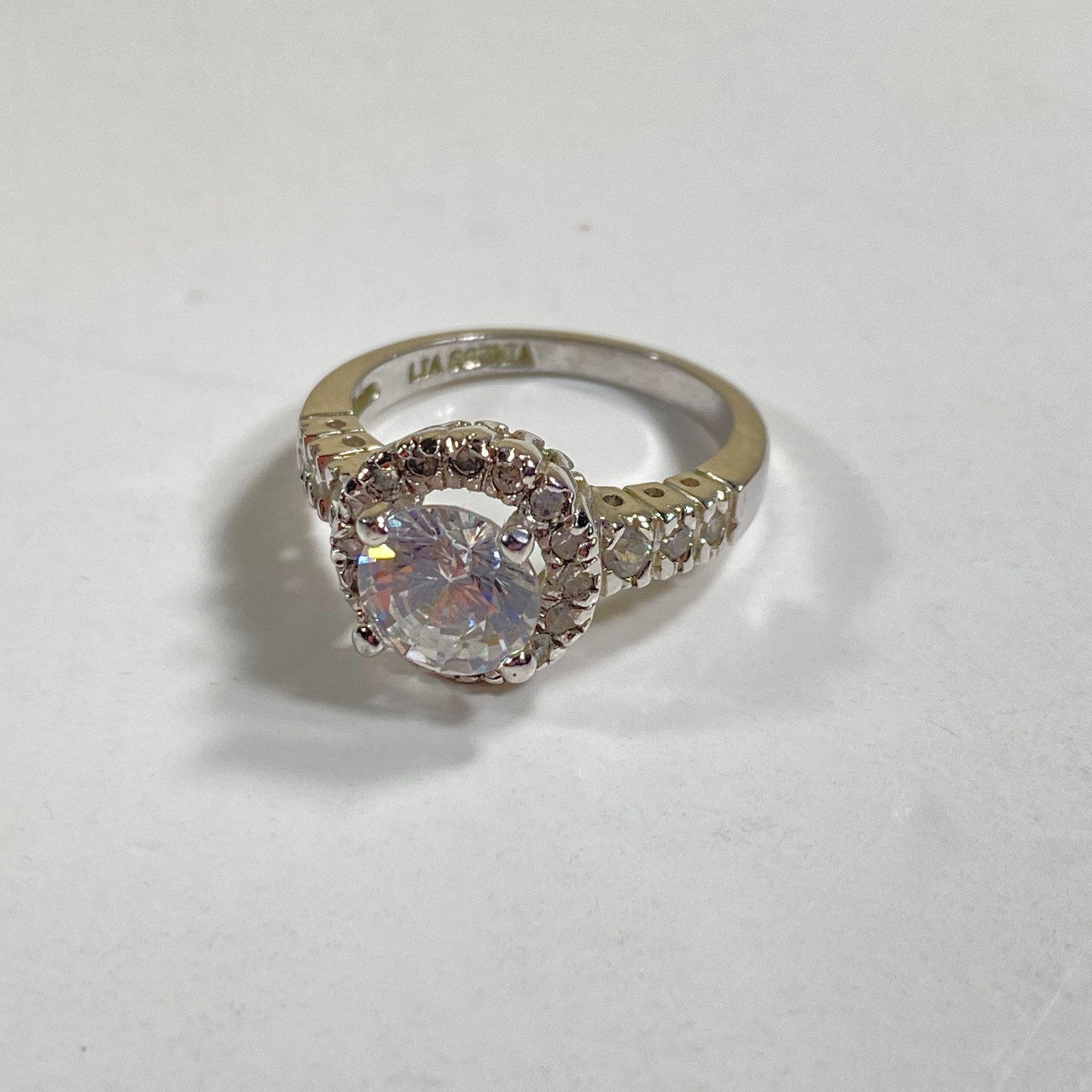 Lia Sophia Round Crystal CZ Halo Setting Ring Silver Tone Pave Size 8 Very Good
