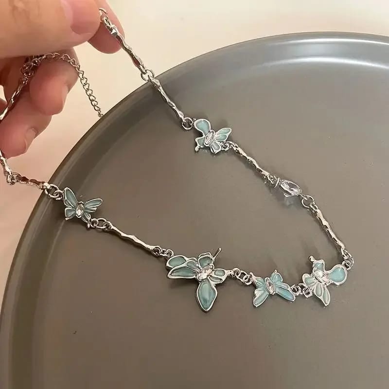 Blue Butterfly Necklace Bracelet Set for Women Zircon Pendant Necklace Jewelry