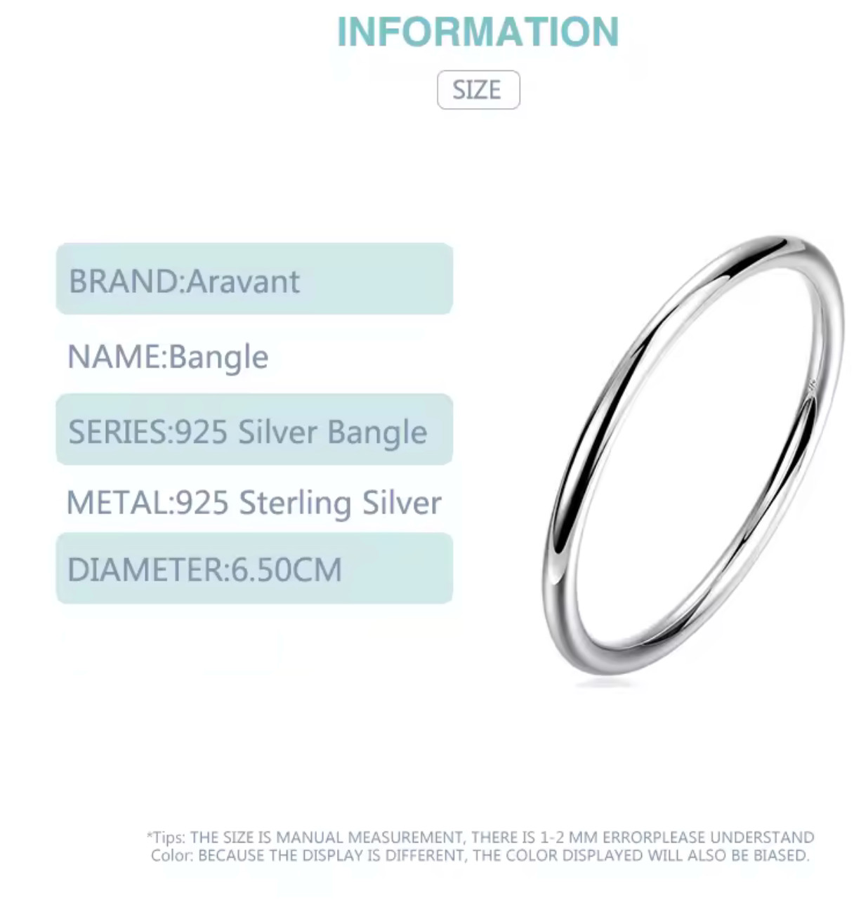 Bangle 7.5 in 925 Sterling Silver 5 mm Plain Smooth Circle Ring Fashion Bracelet