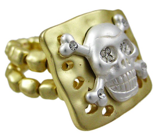 Zeckos Rhinestone Skull & Crossbones Goldtone Stretch Ring
