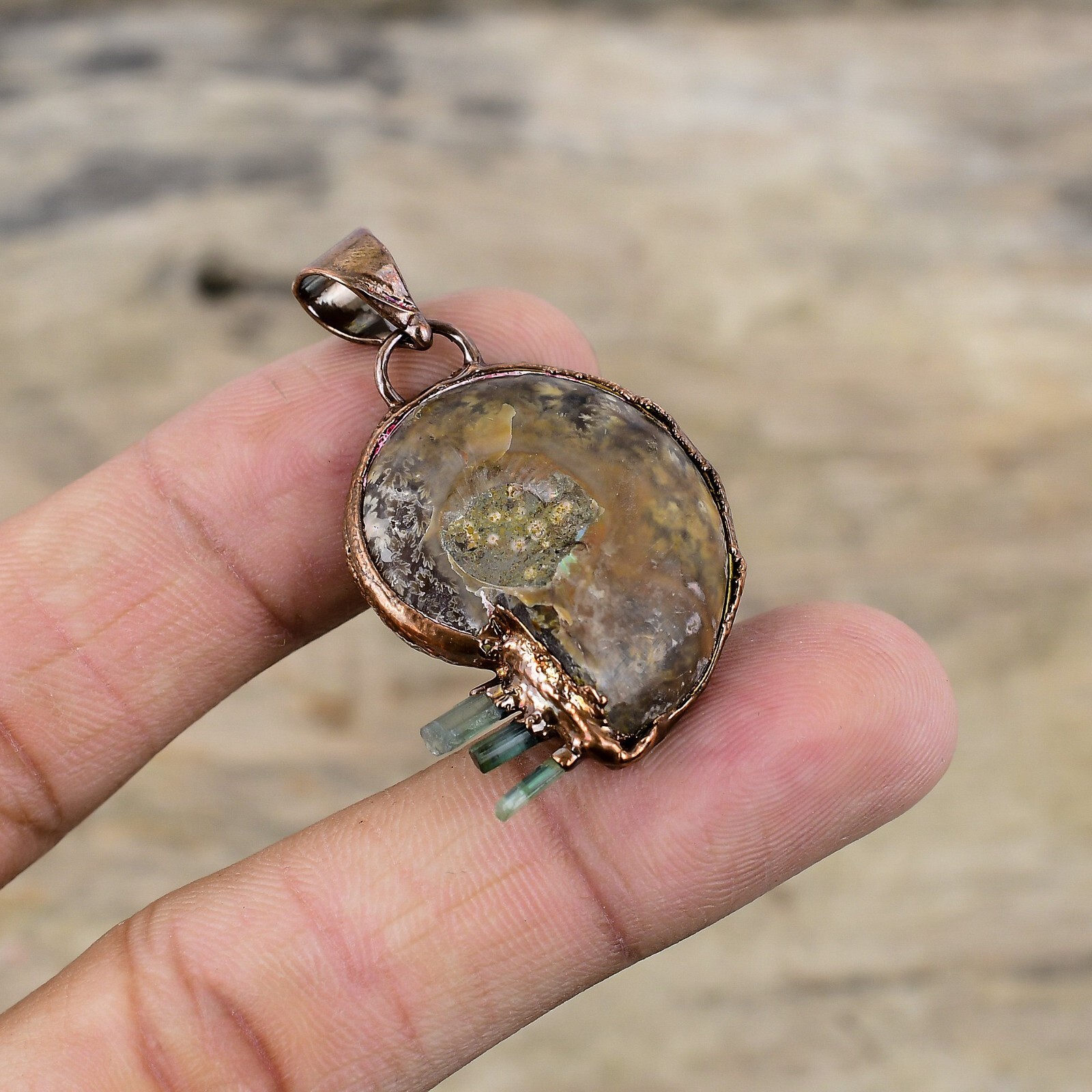 Ammonite Fossil Stone Aquamarine Rough Copper Electroformed Wife Pendant Jewelry