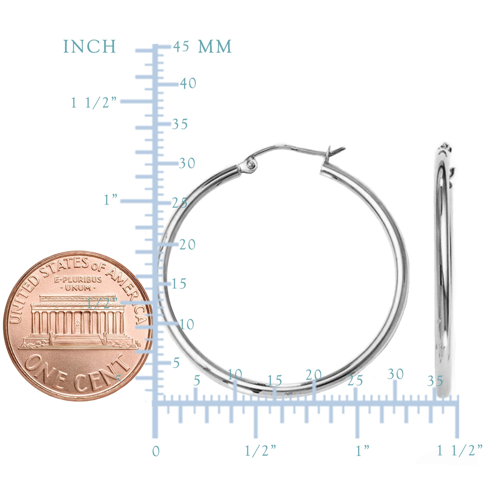 14K White Gold 2MM Shiny Round Tube Hoop Earrings, 40mm