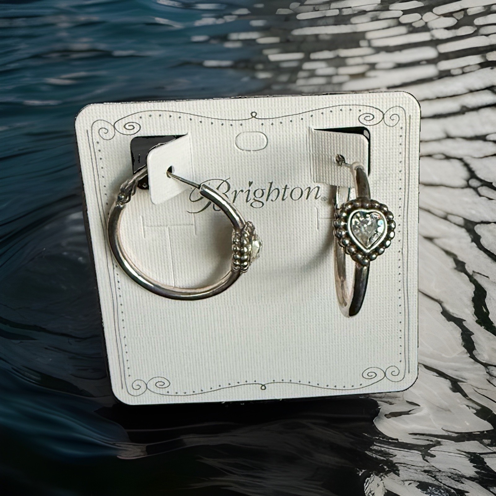 Brighton Earrings Shimmer Heart Silver Crystal Hoop NWT