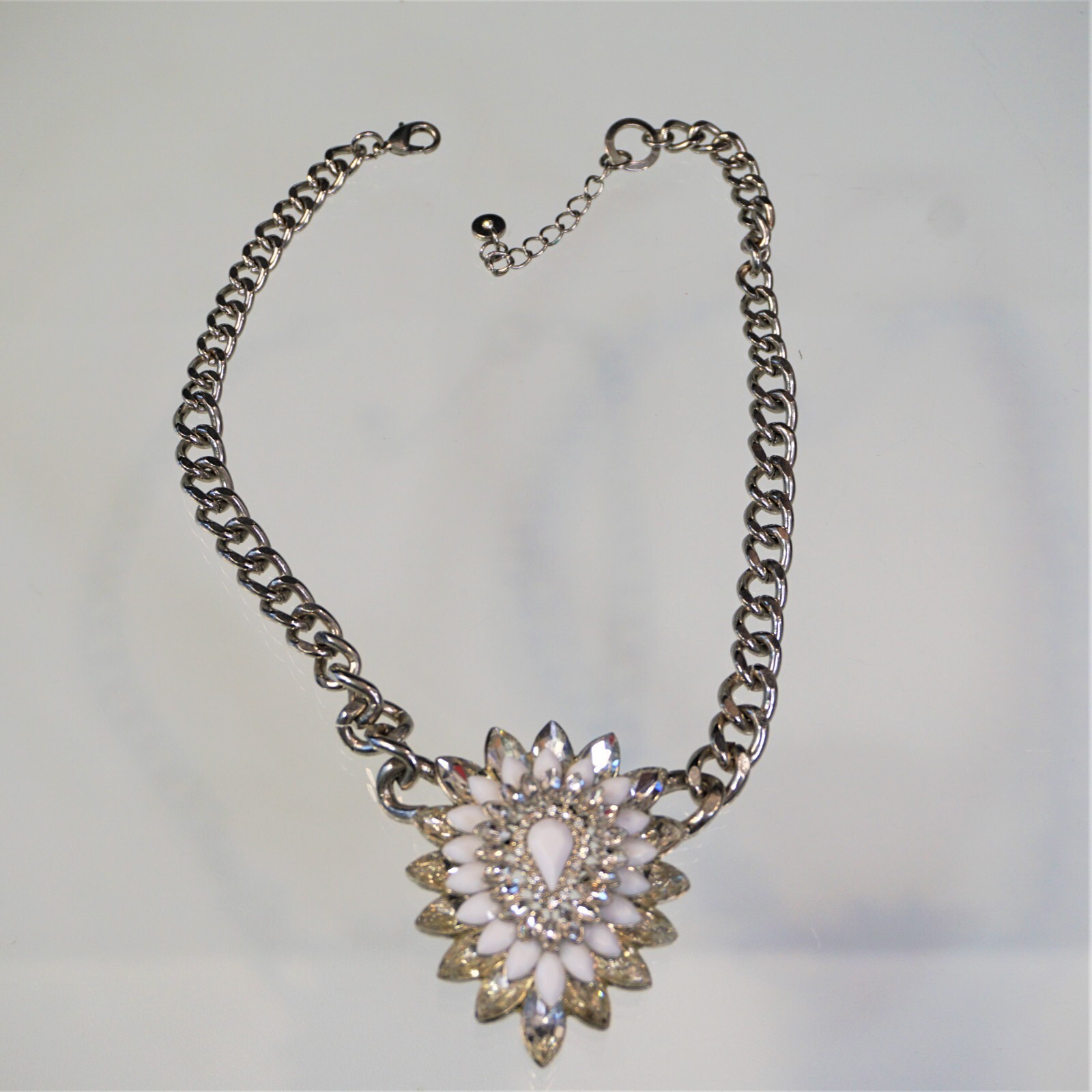 Jeweled Floral Statement Necklace Sparkling Pendant Silvertone Chain