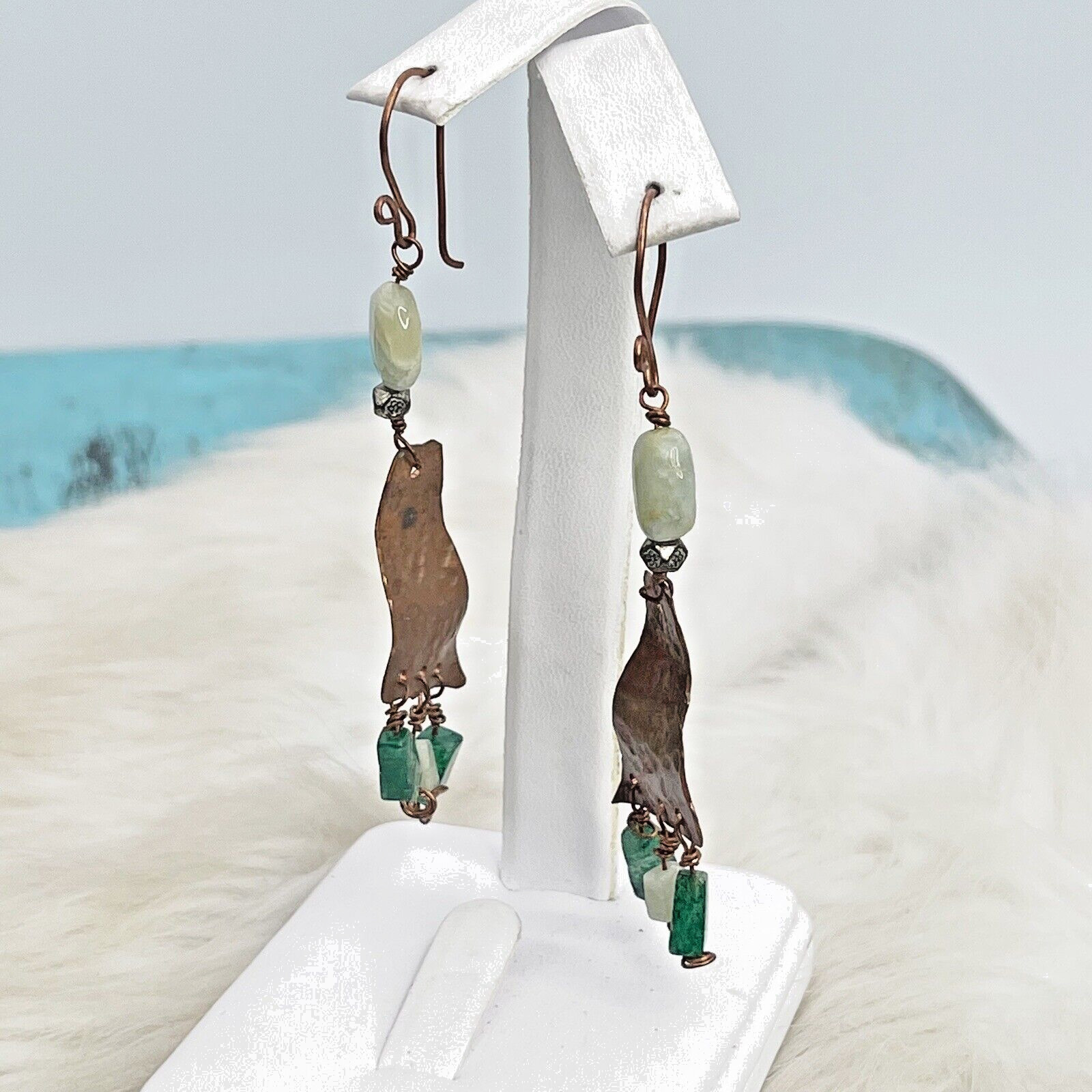 Artisan Hammered Copper Dangles Green Jade Gemstone Earrings French Hook