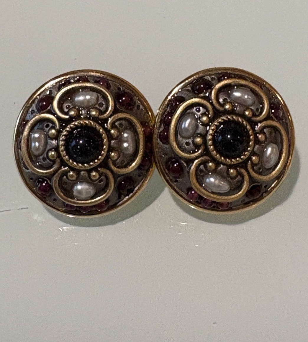 Michal Golan Pierced Earrings Gold Tone Tiny Pearls Black Maroon Stone Signed