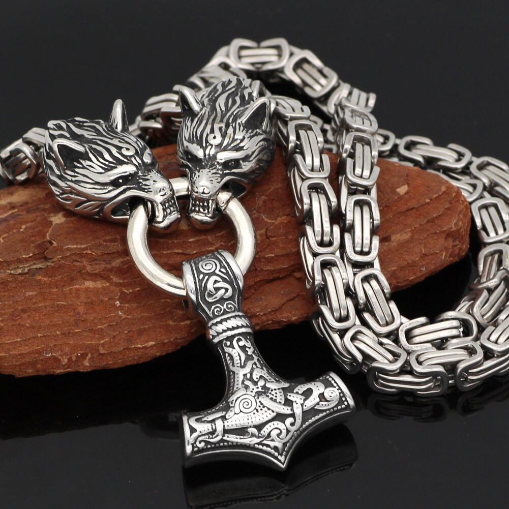 Men’s Stainless Steel Nordic Viking Wolf &Thor Hammer Mjolnir Pendant Necklace