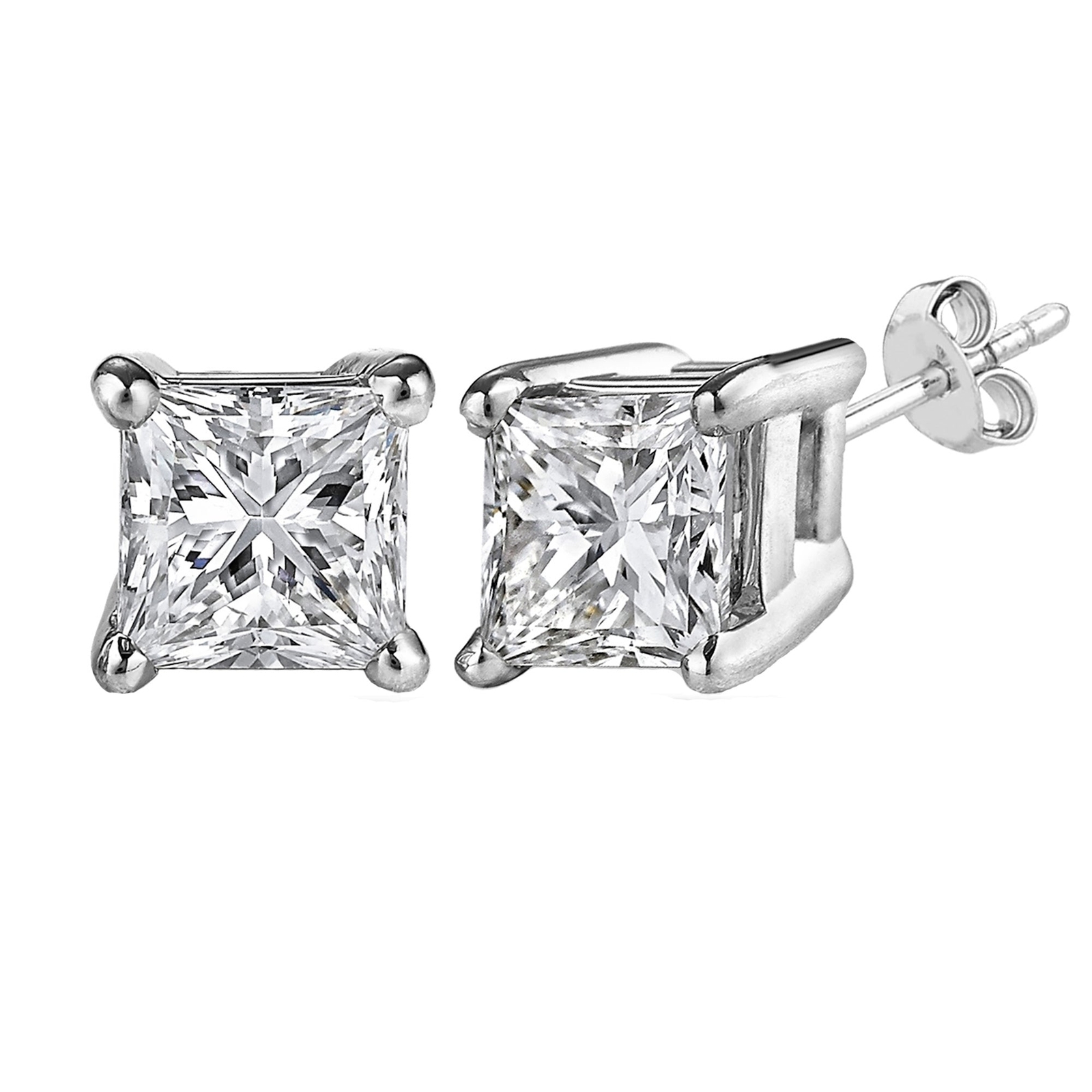 Sterling Silver Rhodium Finish 4mm Princess Cut Cubic Zirconia Stud Earring