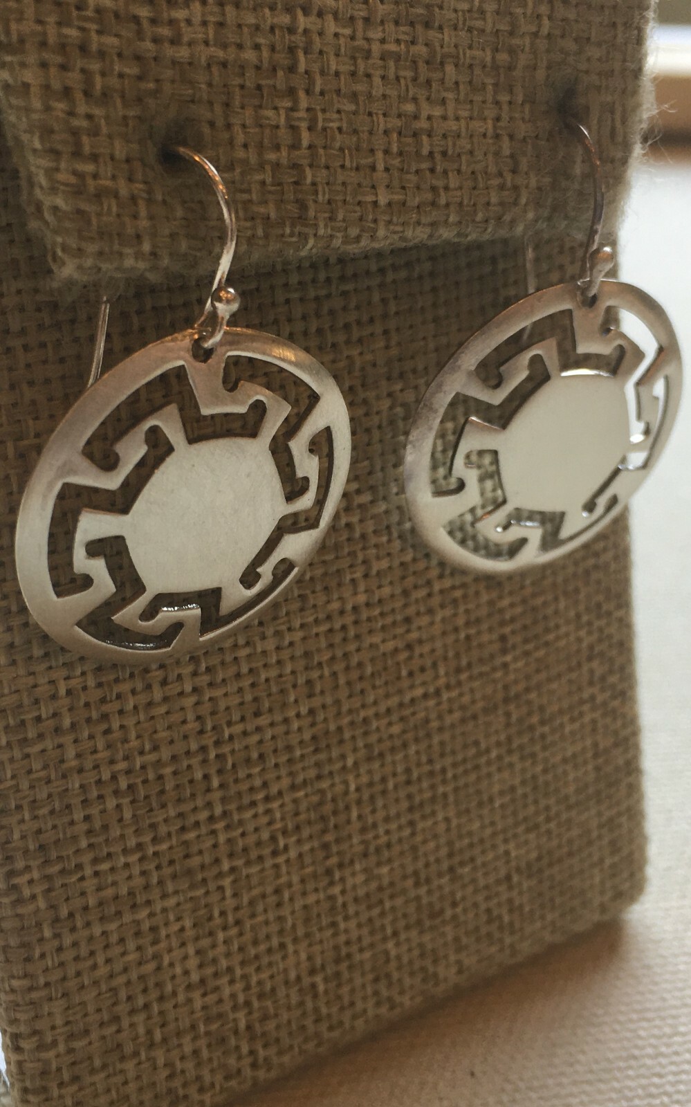 Greek Key Disk Earrings Sterling Modern Artisan Retro Bohemian Southwest 1.5″