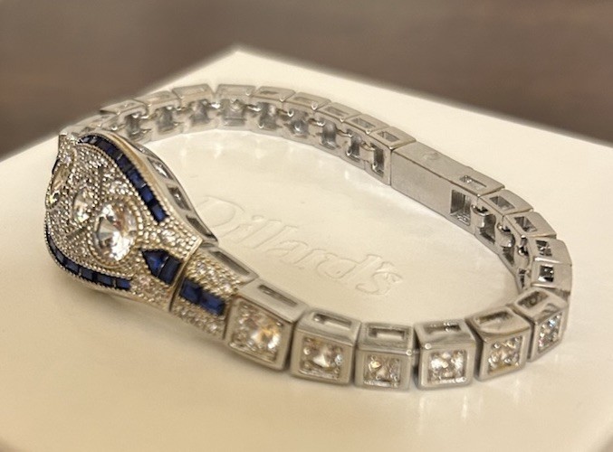 Silver Sapphire Blue CZ & Diamond CZ Art Deco Art Nouveau Inspired Bracelet NWT