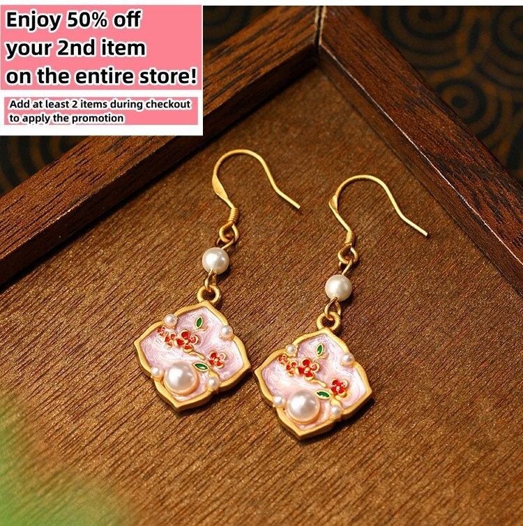 Pearl Flower Earrings 18K Gold Plated Drop Dangle Monet Garden Paint Style