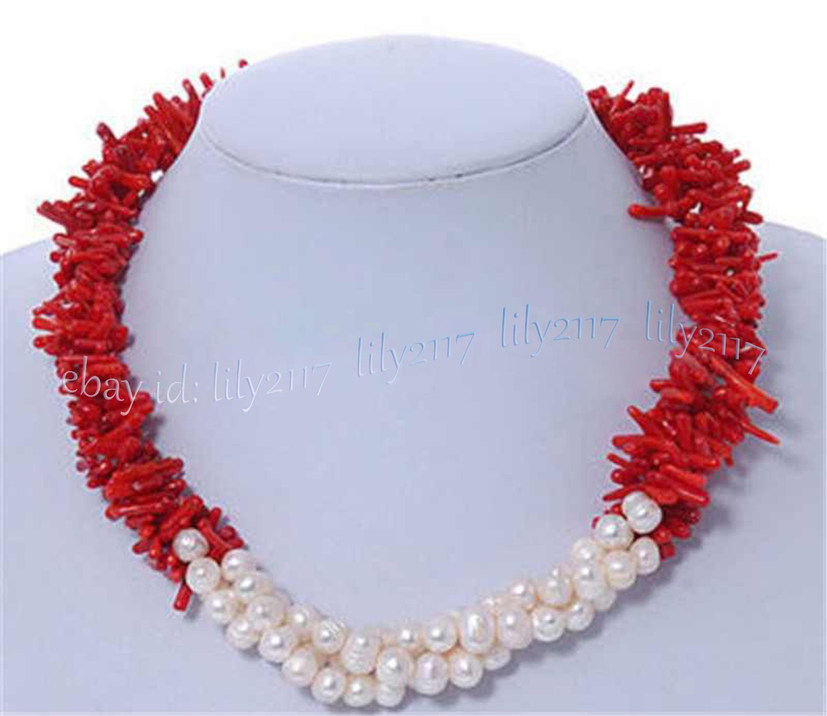 3 Rows Natural Red Coral Chip Gems Beads White Freshwater Pearl Necklace 18”