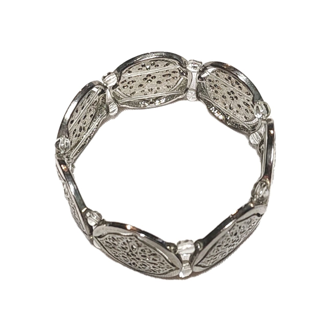 Silver Tone Filigree Round Coin Medallion Stretch Cuff Bangle Bracelet 7″ Boho
