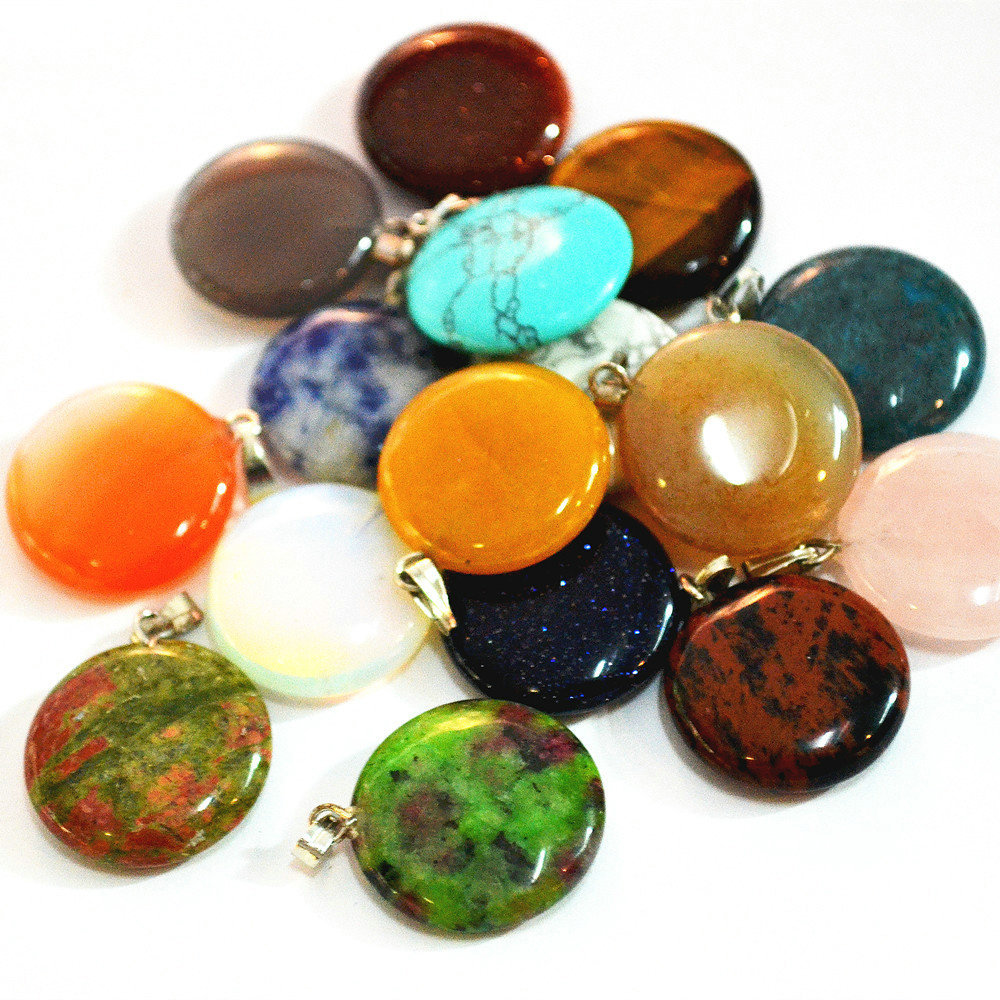 30pcs Fashion Natural Round Gemstone Stone Silver Beads Pendant Charms Wholesale