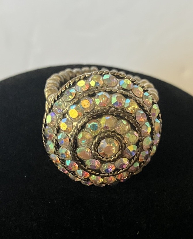 Aurora Borealis Circular Silvertone Stretch Cocktail Ring