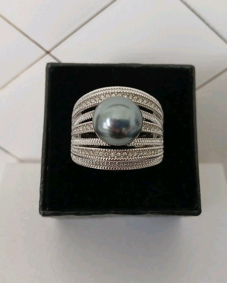 Silver Gray Pearl Look Ring Size 10.75 Clear Stones Wide Band