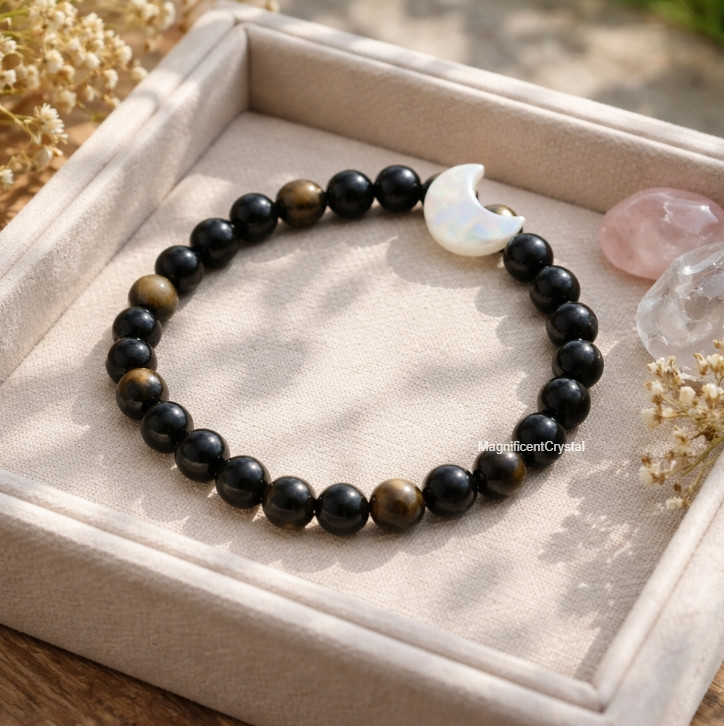 Triple Protection Bracelet Healing Moon Charm Obsidian Hematite Tourmaline Gift
