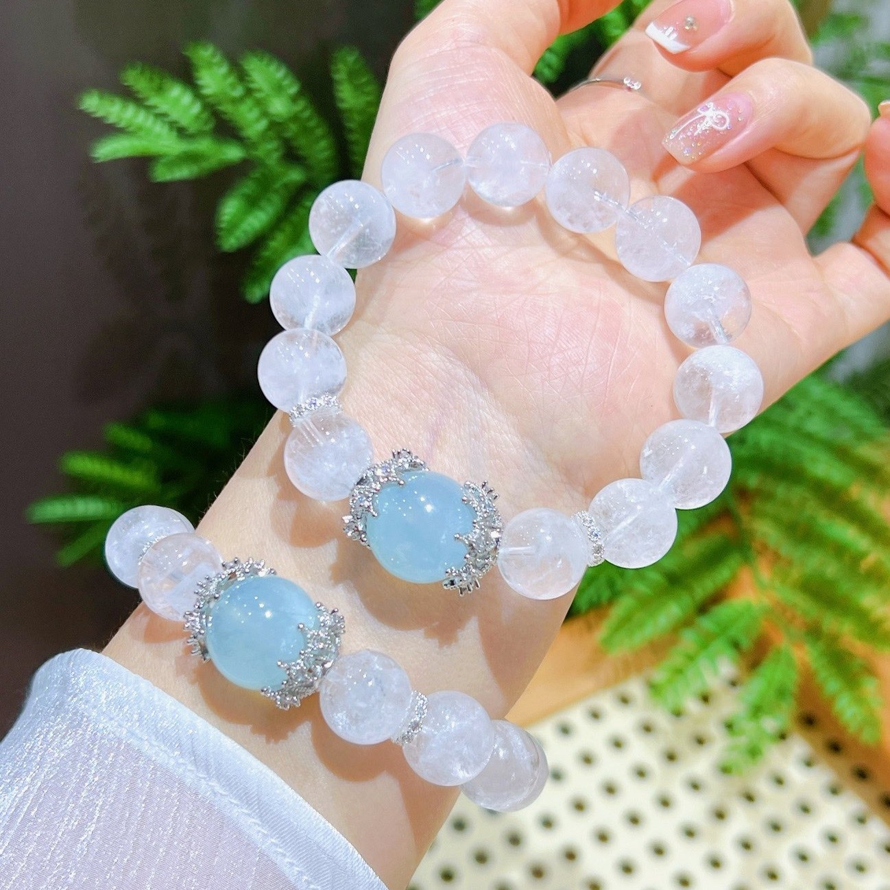 13mm Natural White Phantom Quartz with Aquamarine Handmade Bracelet a pce