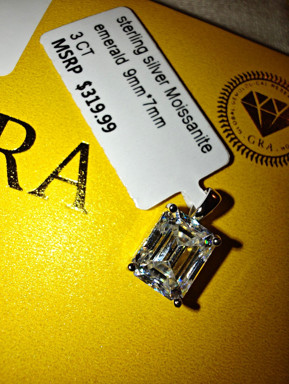 GRA Moissanite Emerald Cut Sterling .925 Pendant 9x7mm 3CT .925 Silver Prong a26
