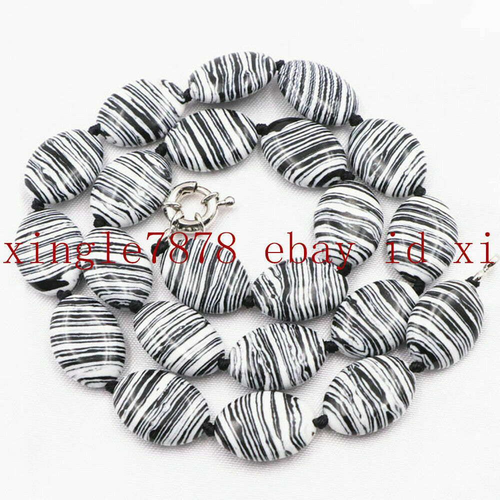 Natural 13x18mm Black White Striped Turquoise Oval Gemstone Beads Necklace 20″