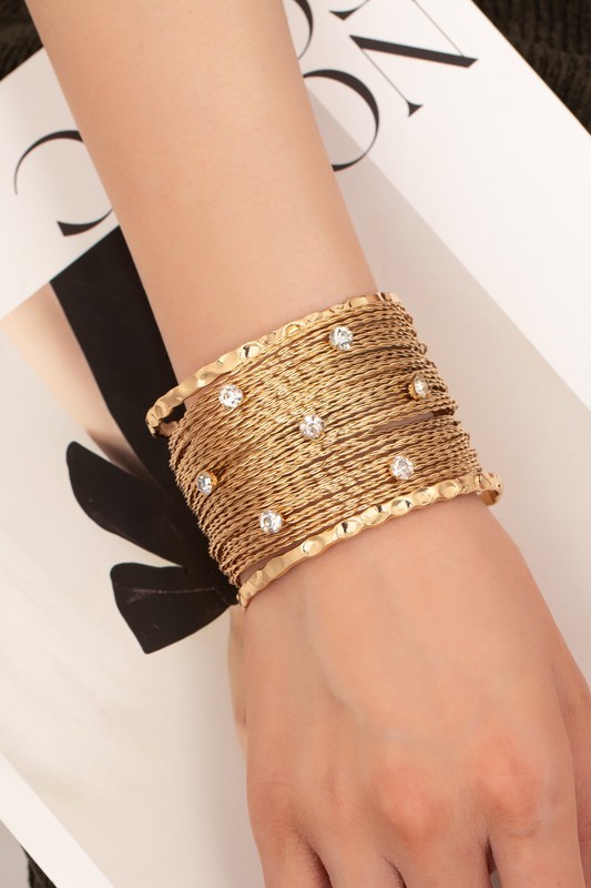 Hammered Gold Mesh Cuff Bracelet – Sparkly Rhinestone – Wide Statement Jewelry