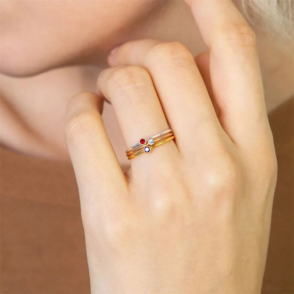 Stainless Steel Ring Gold Plated Birthstone Simple Band Women Size Jewelry