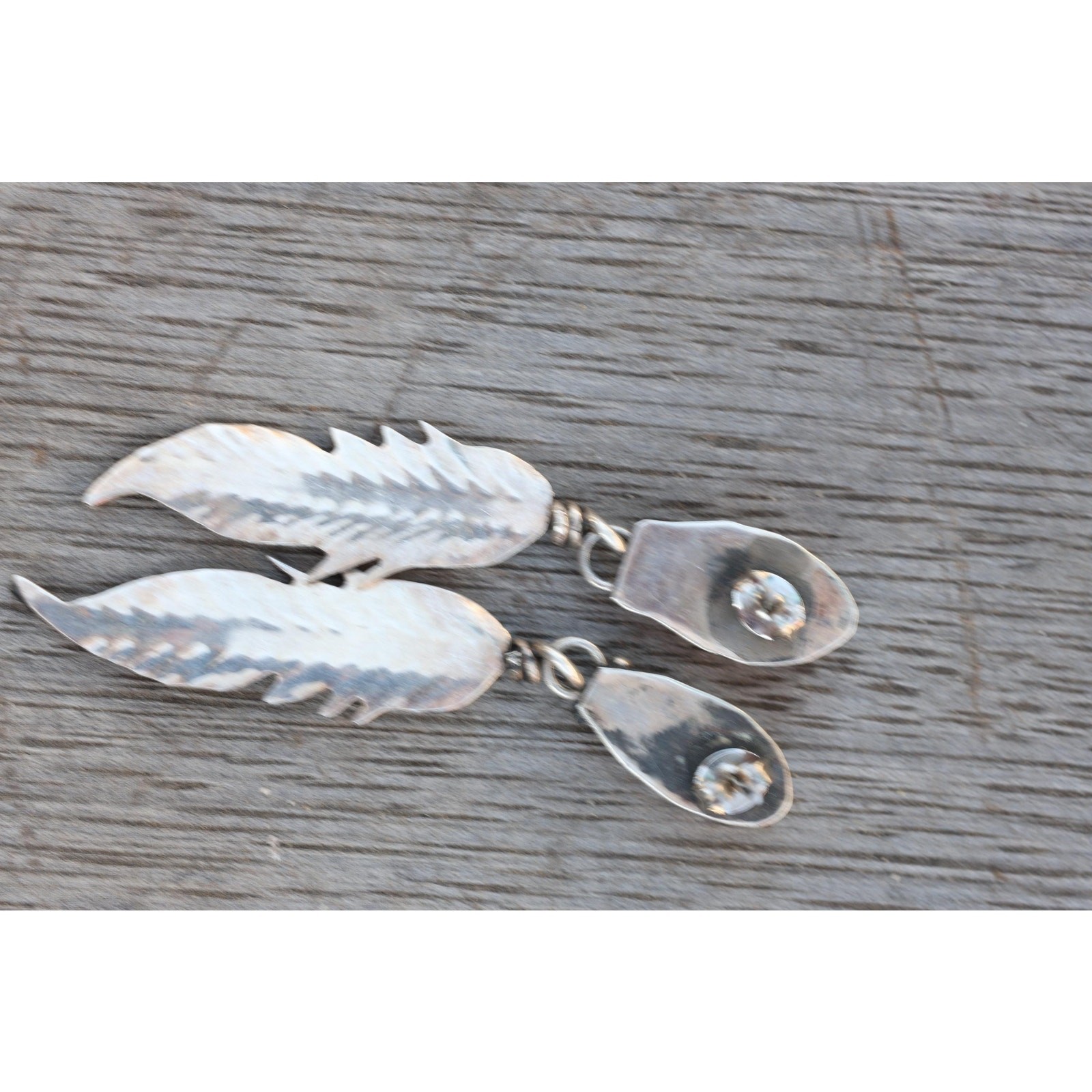 Silver Feather Earrings, Southwest Style Dangle Drops,Pink Cabochon Hand Stamped