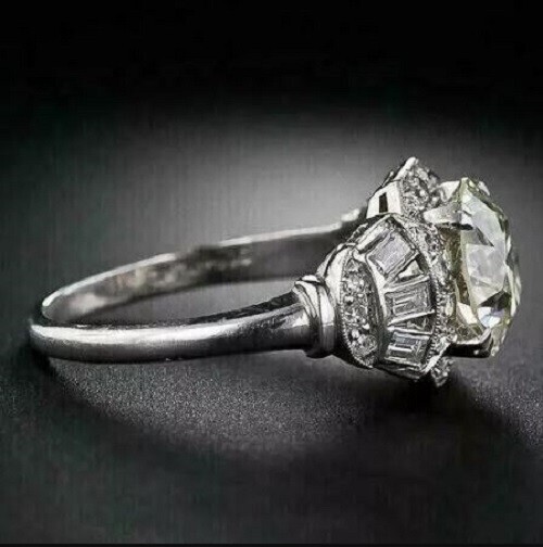 Art Deco 4Ct Round Cut Lab Created Diamond Engagement Ring 14K White Gold Plated