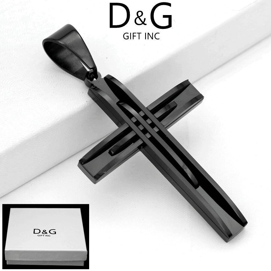 DG Men’s Black Stainless Steel CROSS 55mm Medium Charm Unisex Ion Plated Box