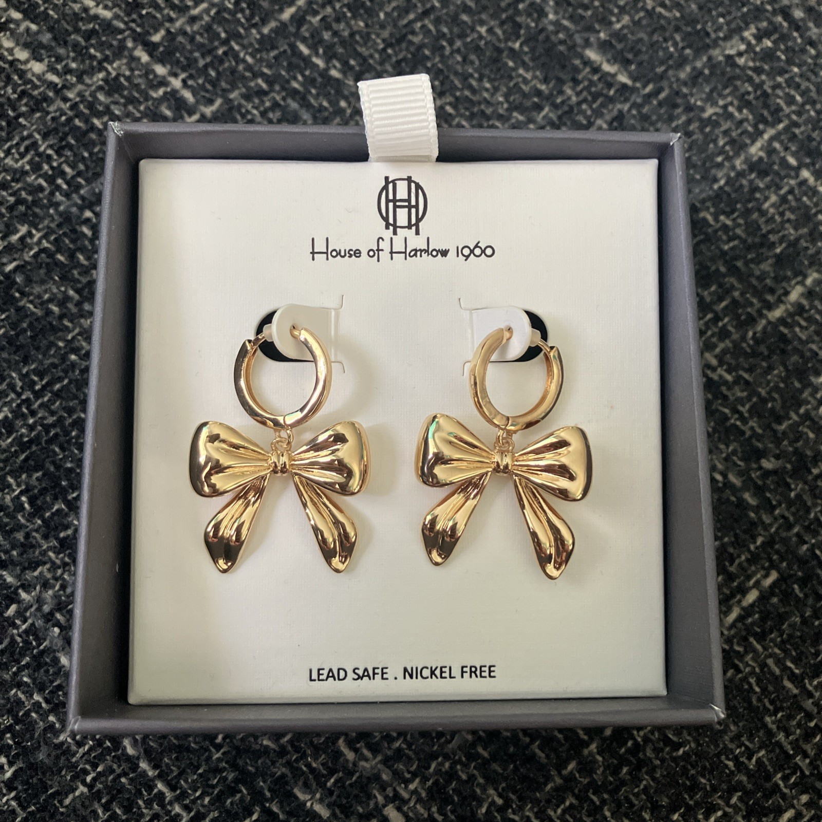 House Of Harlow 1960 Ring Bow Dangle Earrings Gold Tone ~ New in Box!