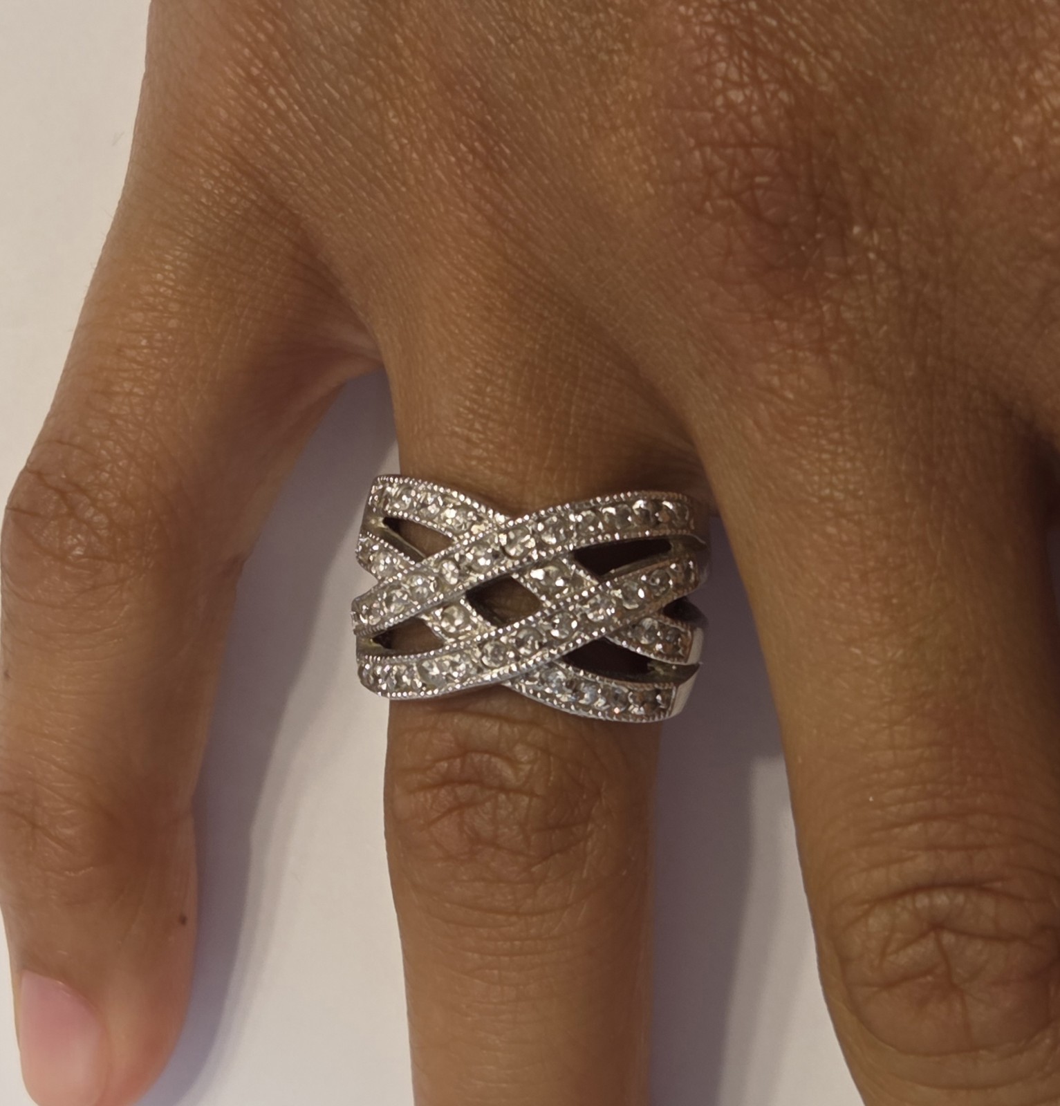 Sterling Silver Criss Cross Pave Set Wide Band Statement Ring Size 7
