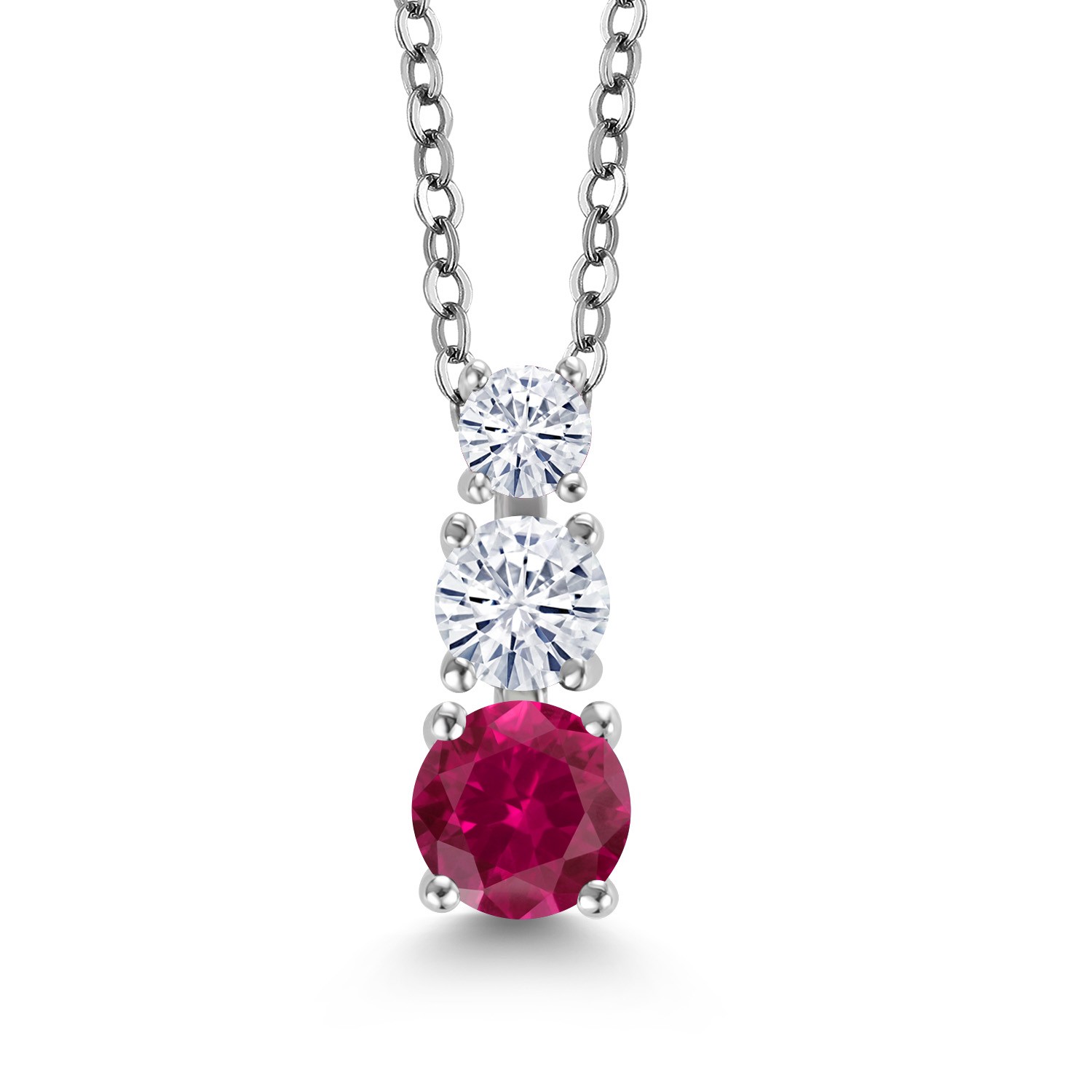 Rhodium Plated 3 Stone Pendant for Women & Chain Created Ruby Moissanite 0.93ct
