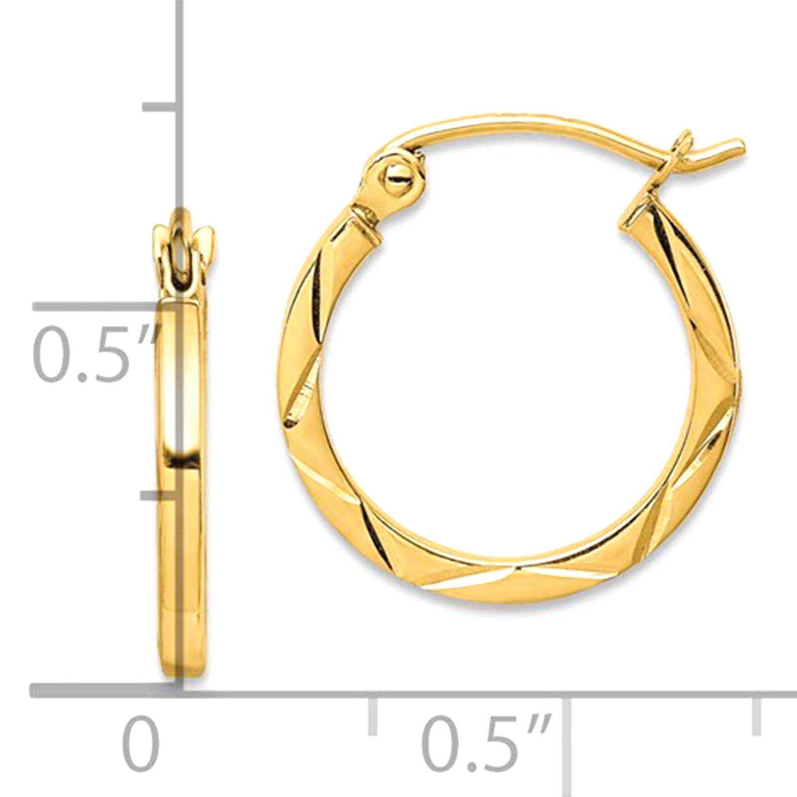 10K Yellow Gold Diamond Cut Hoop Earrings, Diameter 15mm