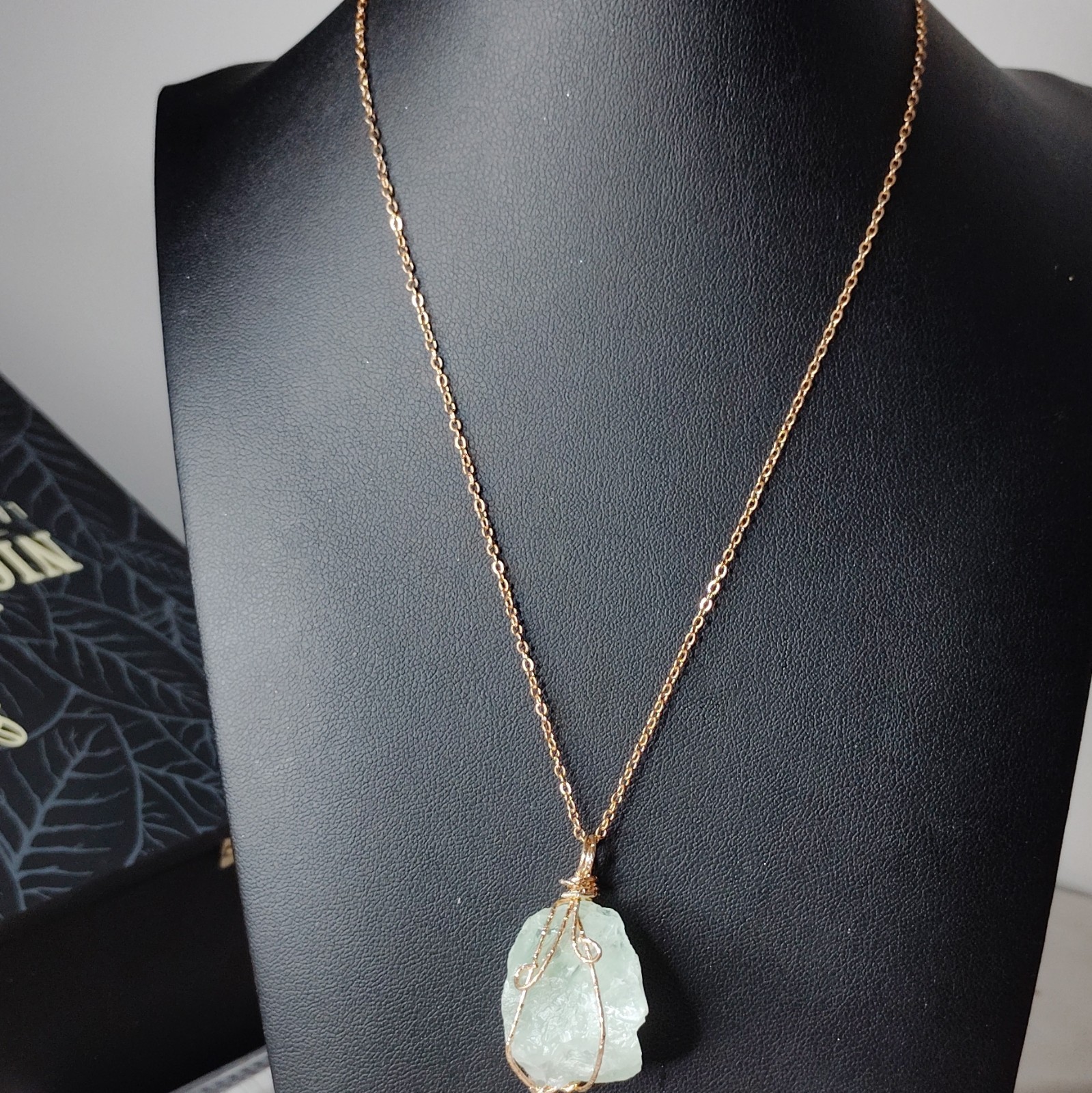 Gold Tone Cable Chain Necklace Wire Wrapped Rough Green Stone Charm Pendant