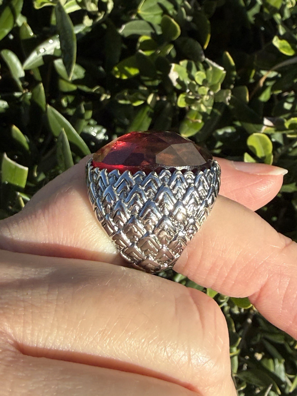Silver Plated Textured Huge Statement Light Burgundy Faceted Glass Ring Sz7