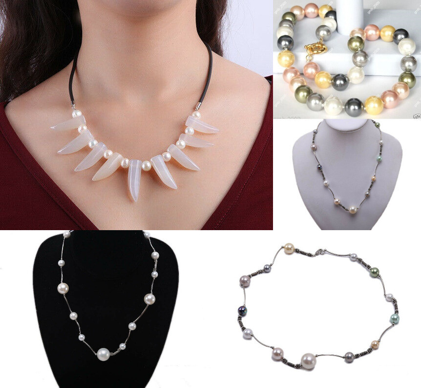 Gorgeous 8-16mm White/Multicolor Round Seashell Pearl Station Necklace 19″