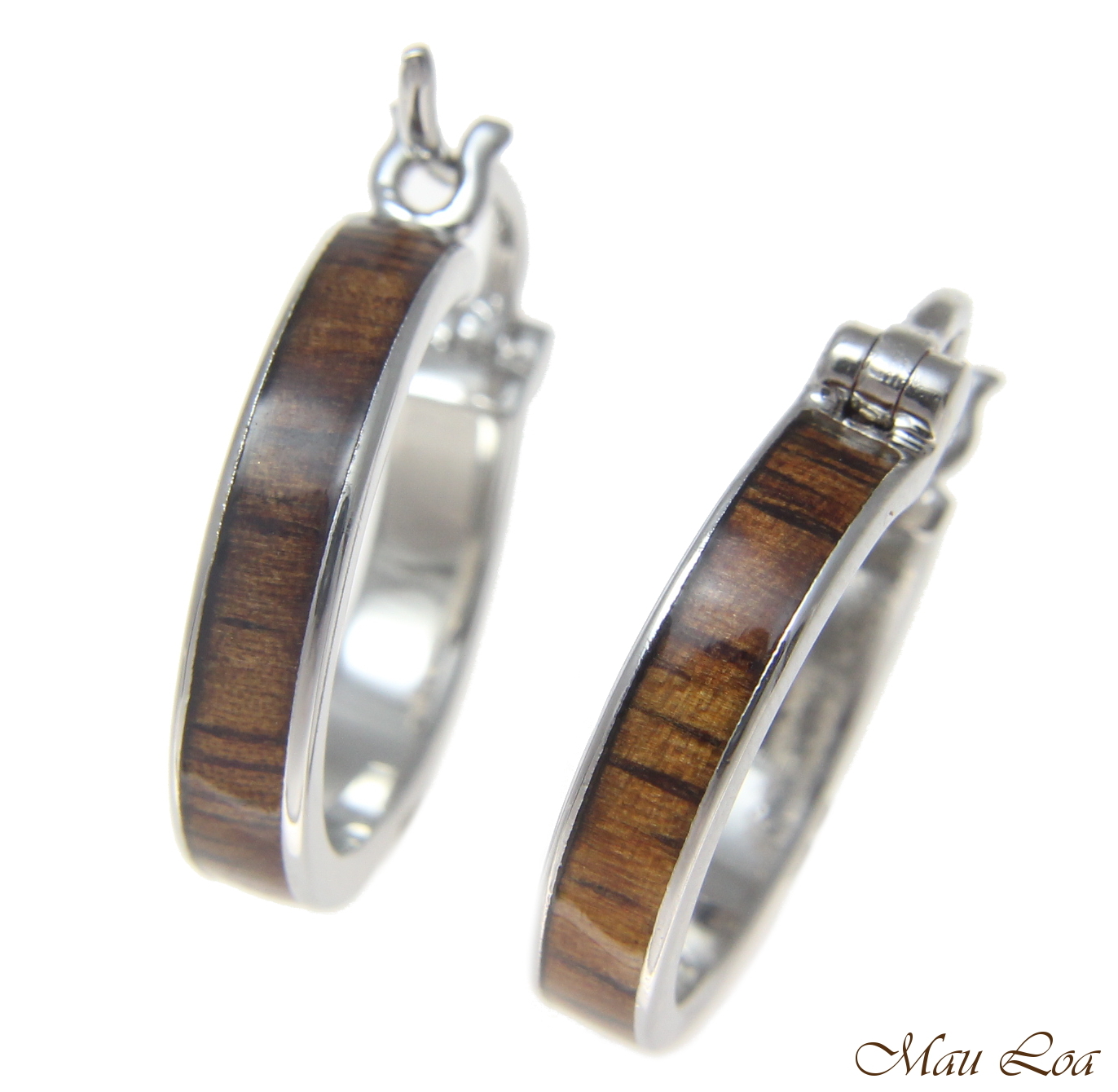 Koa Wood Hawaiian Rhodium Plated Brass 19mm Round Hoop Snap Closure Earrings
