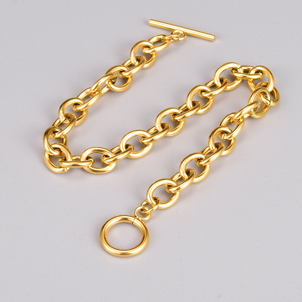 Woman 18K Gold Plated Stainless Steel Rolo Link Chain Bracelet 8.3” Toggle