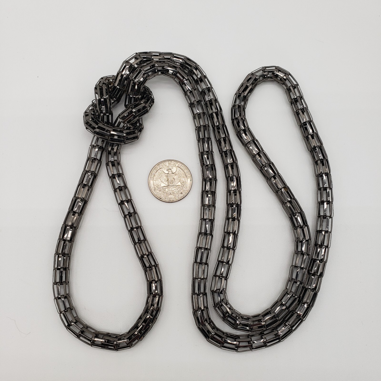 3D Gunmetal Gray Mesh Chain Knotted Long Statement Necklace Y-Drop Rope 43″