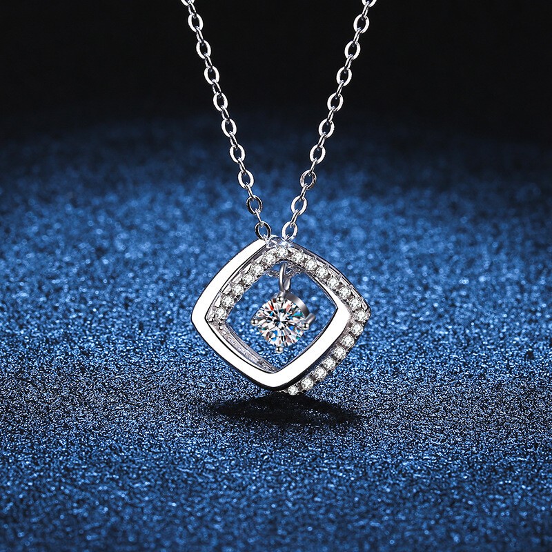 Moissanite Necklace D Color rotating square Pendant S925 Solid Silver Women