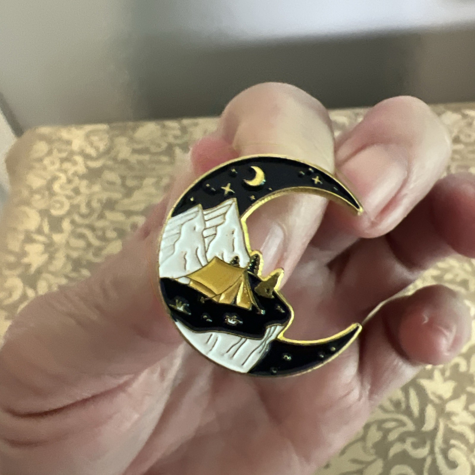 Enamel Pin Crescent Moon Night Outdoors Brooch Backpack Camping Hiking Tent