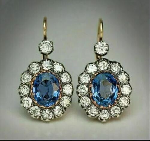 4Ct Oval Cut Tanzanite Diamond Cluster Halo Dangle Earrings 14k Yellow Gold Over