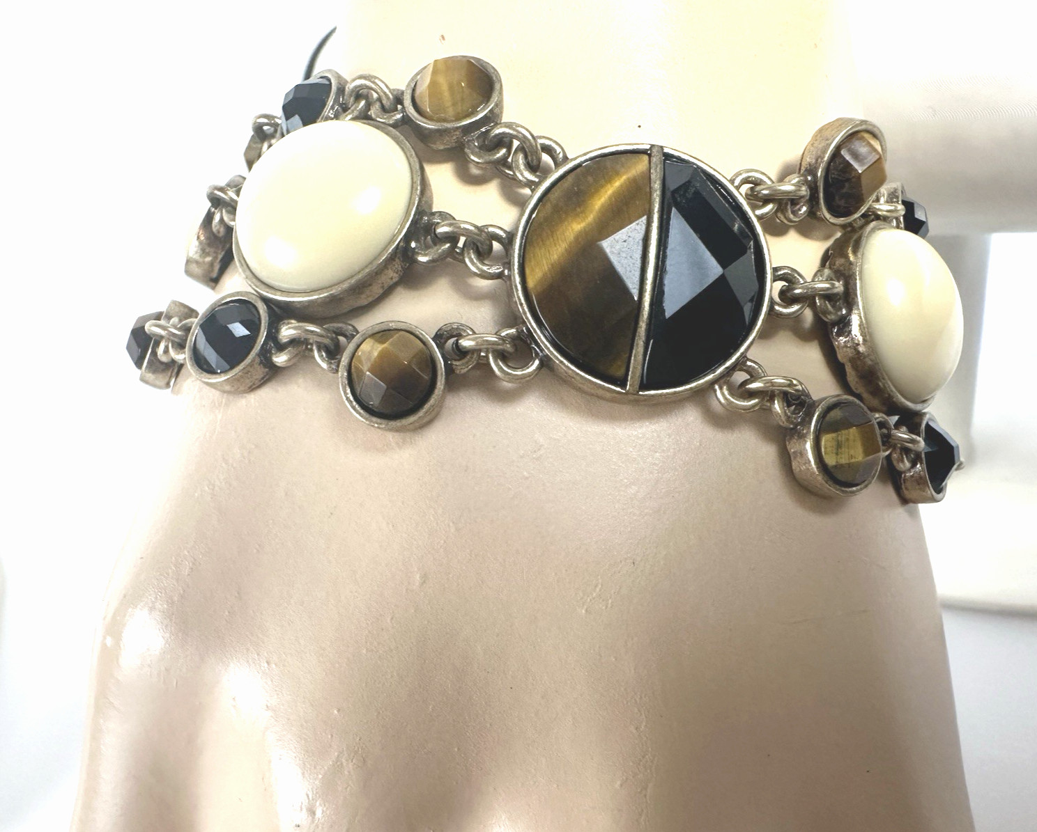 Lucky Brand Tiger’s Eye & Black Stone Ivory Bead Gold Tone Bracelet NWT