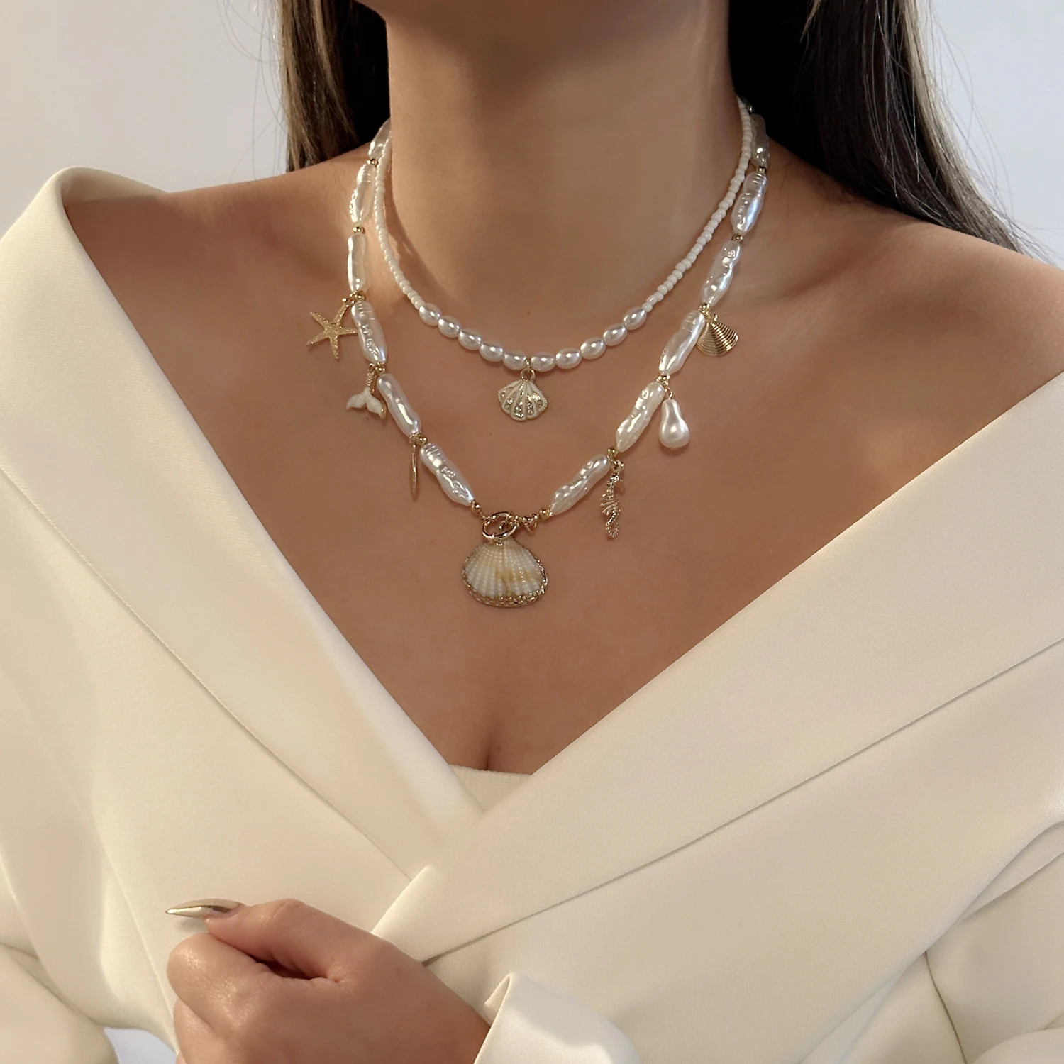 Bohemian Elegant Multilayer Sea Shell Rice Beads Necklace For Women Starfish Pen